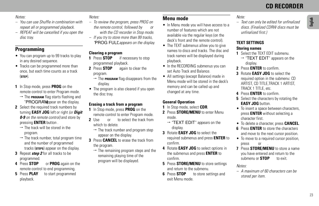 Magnavox FW930R manual Programming, Menu mode, Text Settings 