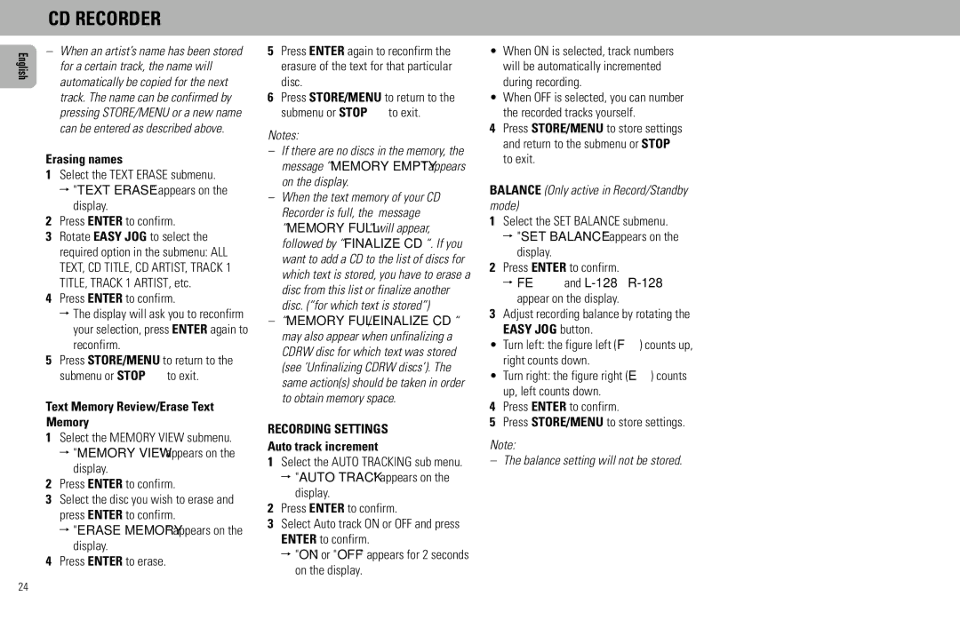 Magnavox FW930R manual Erasing names, Recording Settings, Auto track increment, Balance Only active in Record/Standby mode 