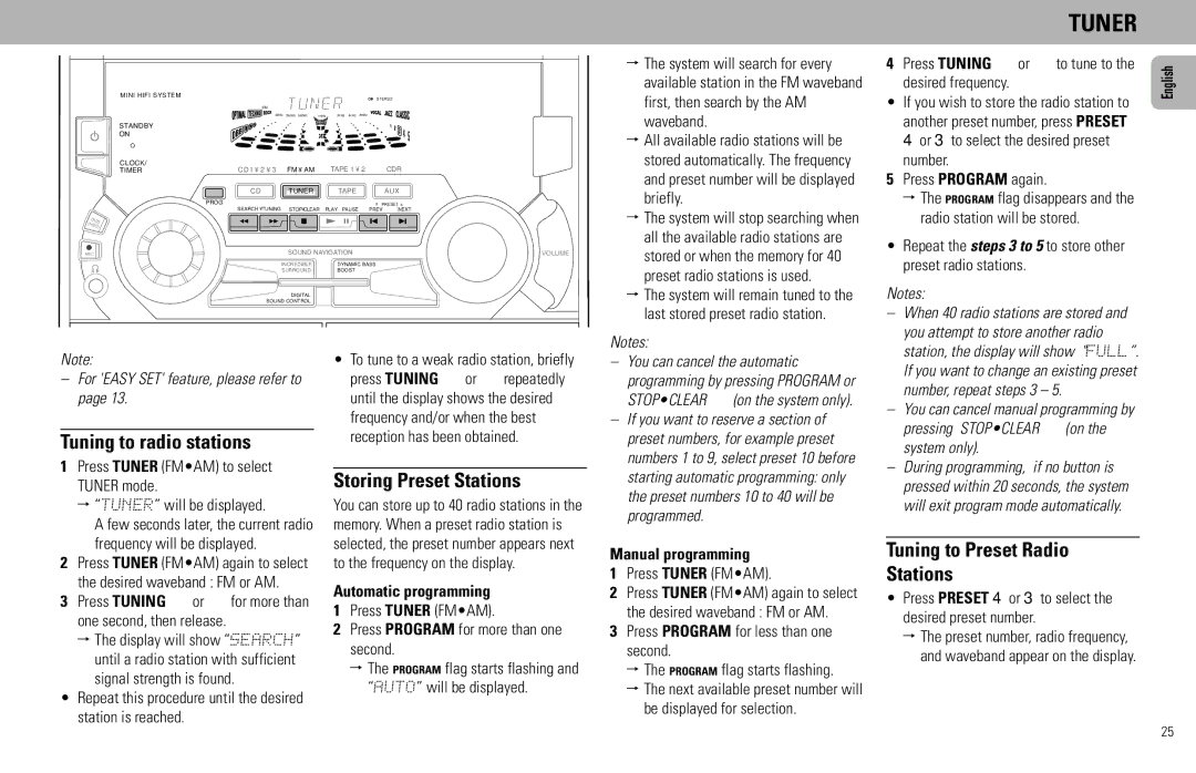 Magnavox FW930R manual Tuner, Tuning to radio stations, Storing Preset Stations, Tuning to Preset Radio Stations 