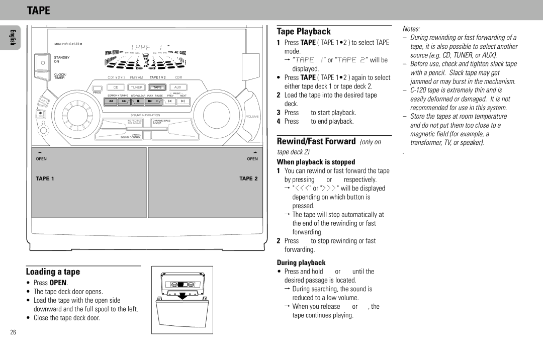 Magnavox FW930R manual Loading a tape, Tape Playback, Rewind/Fast Forward only on 