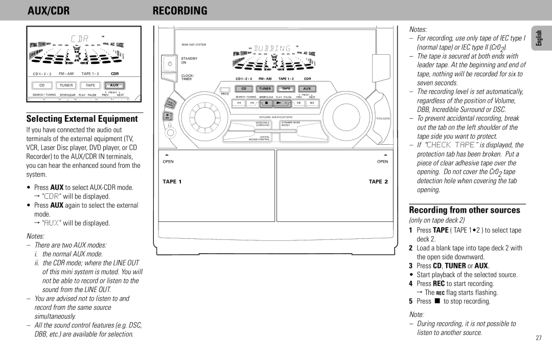 Magnavox FW930R manual Aux/Cdrrecording, Selecting External Equipment 