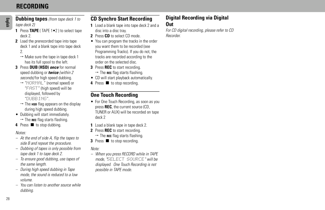 Magnavox FW930R manual CD Synchro Start Recording, One Touch Recording, Digital Recording via Digital Out 