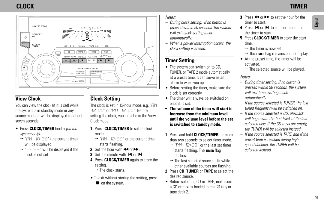 Magnavox FW930R manual Timer Setting, View Clock, Clock Setting 