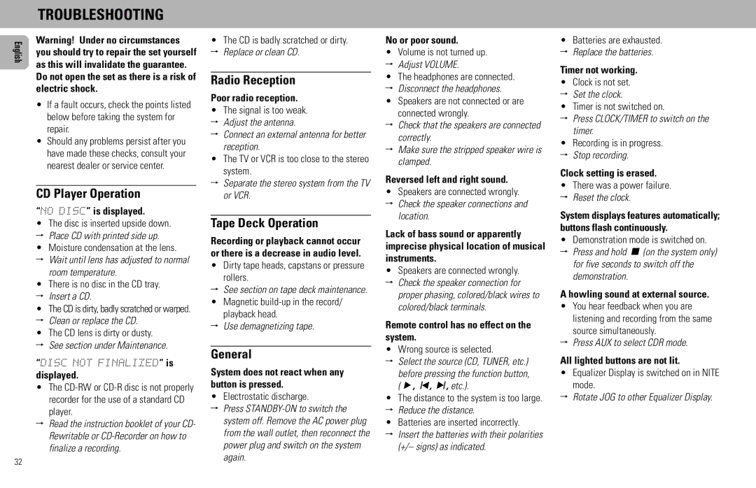 Magnavox FW930R manual Troubleshooting, CD Player Operation, Radio Reception, Tape Deck Operation, General 