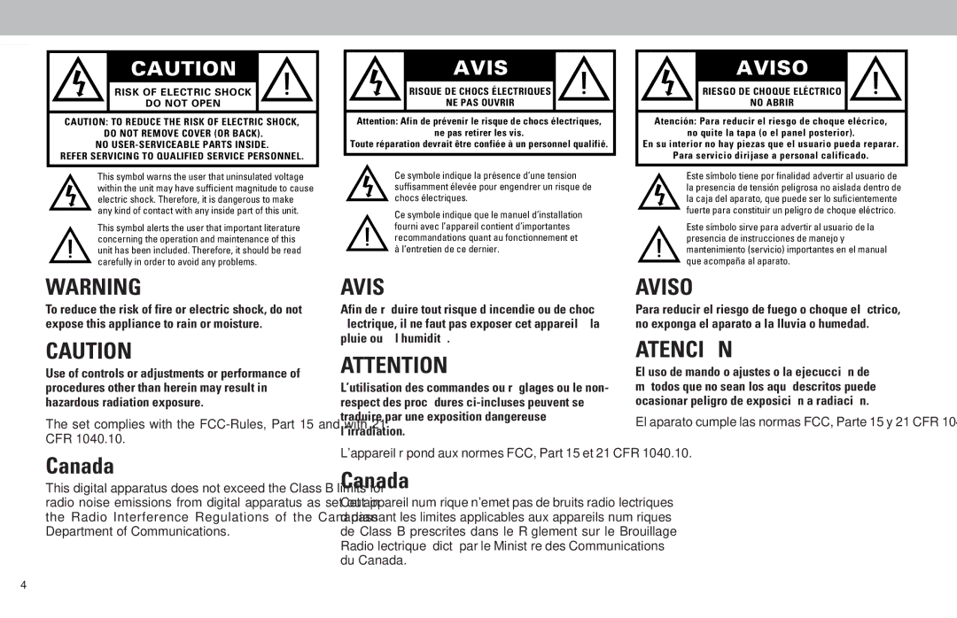 Magnavox FW930R manual Avis, Set complies with the FCC-Rules, Part 15 and with 21 CFR 