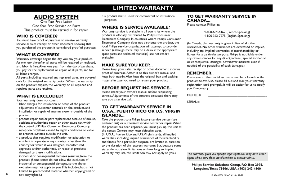 Magnavox FW930R manual Audio System, WHO is COVERED? 