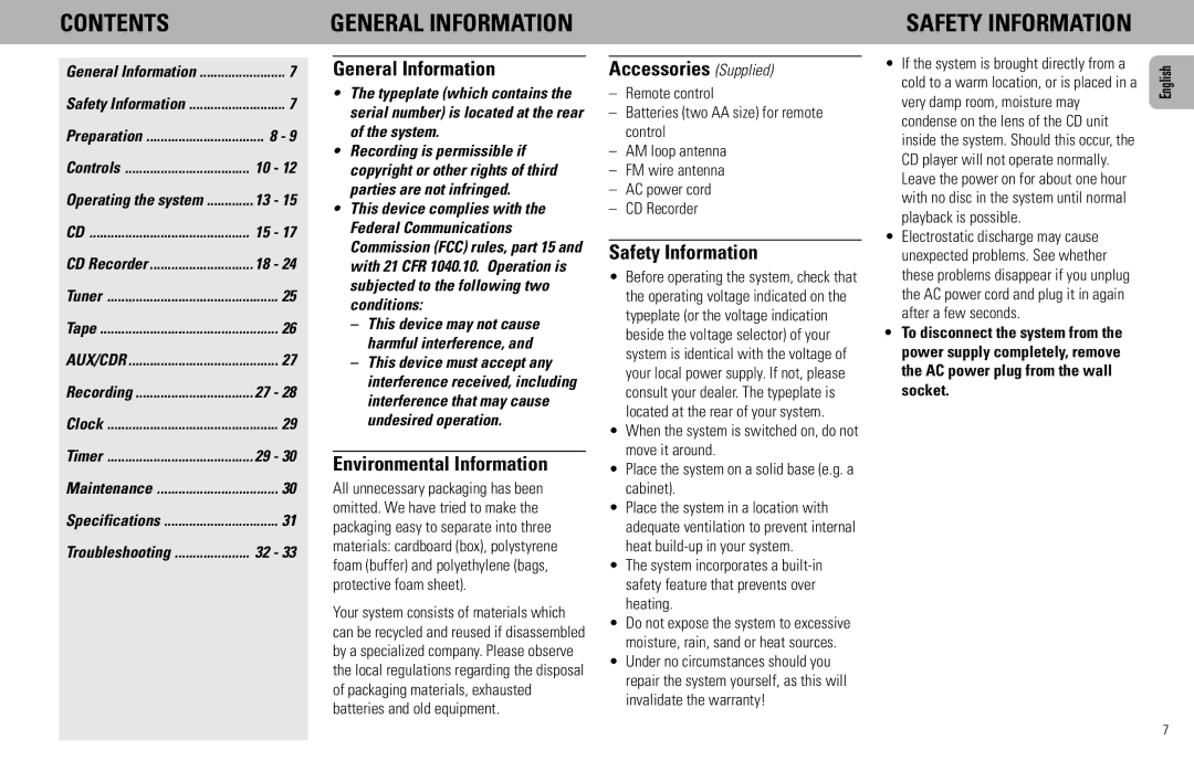 Magnavox FW930R manual Contents 