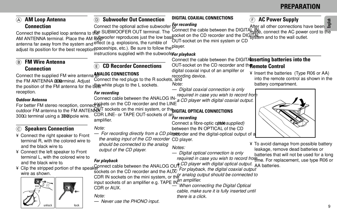 Magnavox FW930R manual AM Loop Antenna Connection, AC Power Supply, FM Wire Antenna Connection, Speakers Connection 