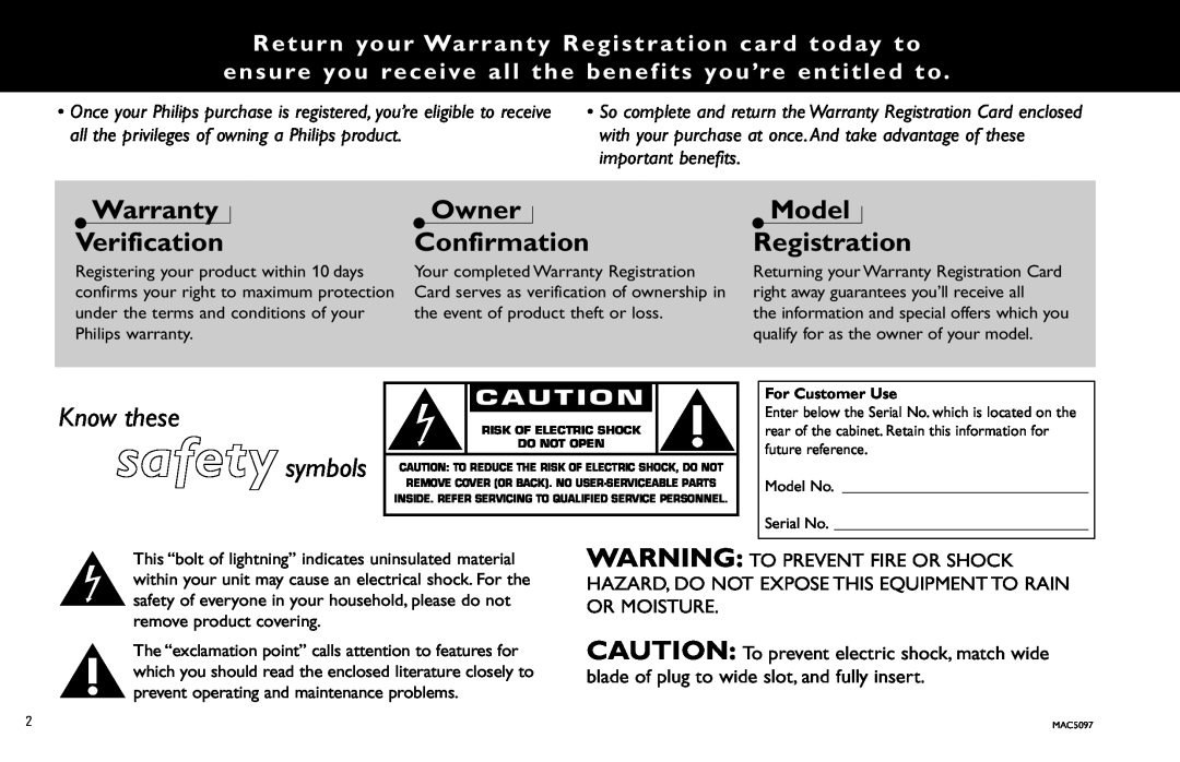 Magnavox FW930R manual Return your Warranty Registration card today to, Warranty Verification, Owner Confirmation 
