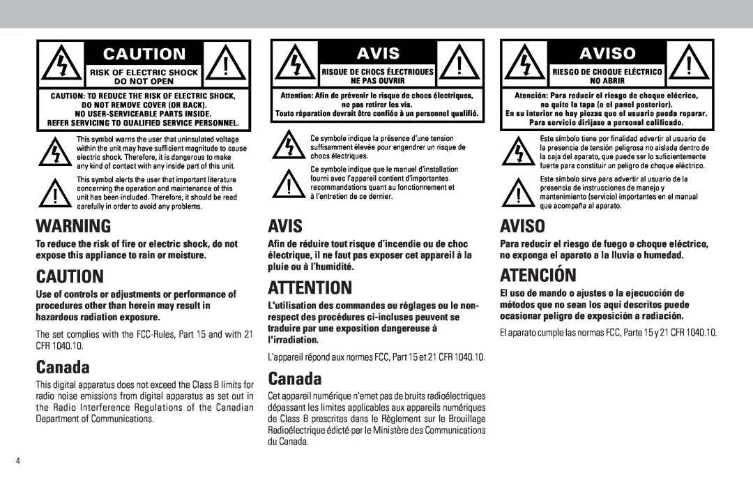 Magnavox FW930R manual Aviso, Canada, Atención 