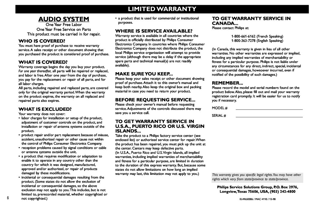 Magnavox FW930R Audio System, Limited Warranty, Who Is Covered?, What Is Covered?, What Is Excluded?, Make Sure You Keep 