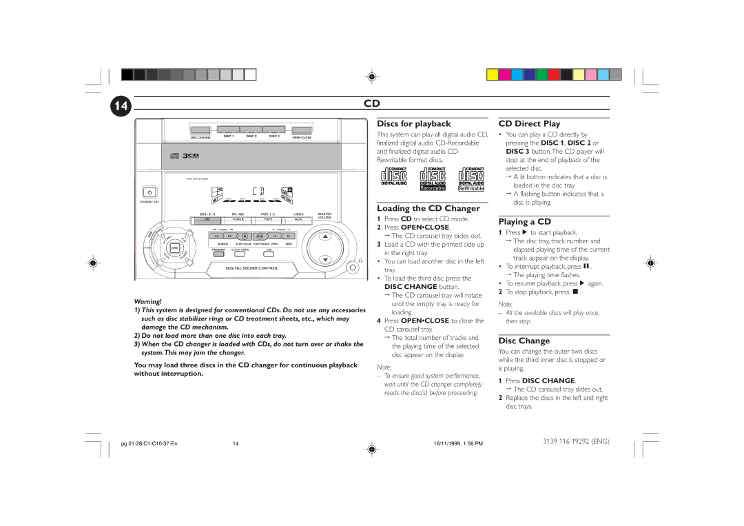 Magnavox FWC10C37 manual Discs for playback, Loading the CD Changer CD Direct Play, Playing a CD, Disc Change 