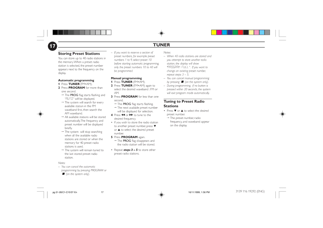 Magnavox FWC10C37 Storing Preset Stations, Tuning to Preset Radio Stations, Automatic programming, Manual programming 