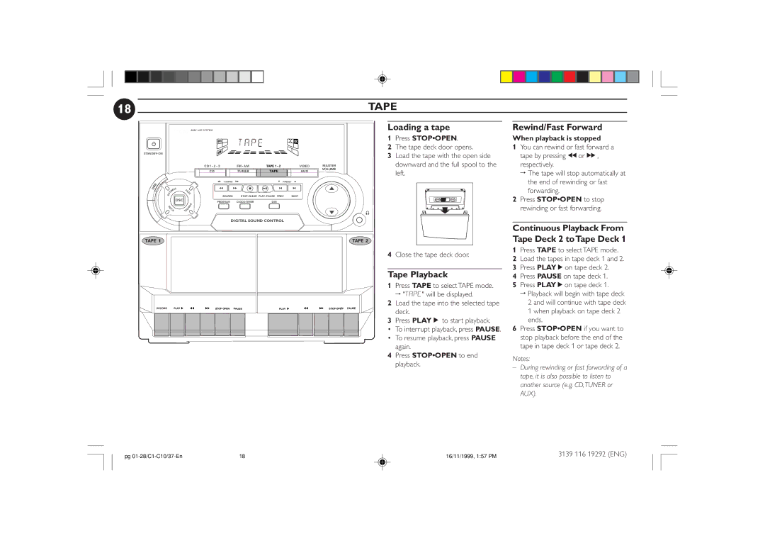 Magnavox FWC10C37 Loading a tape, Rewind/Fast Forward, Tape Playback, Continuous Playback From Tape Deck 2 toTape Deck 