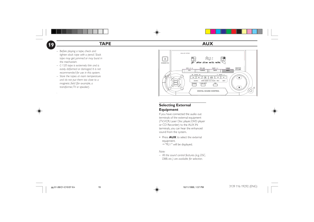 Magnavox FWC10C37 manual 19TAPE, Aux, Selecting External Equipment 