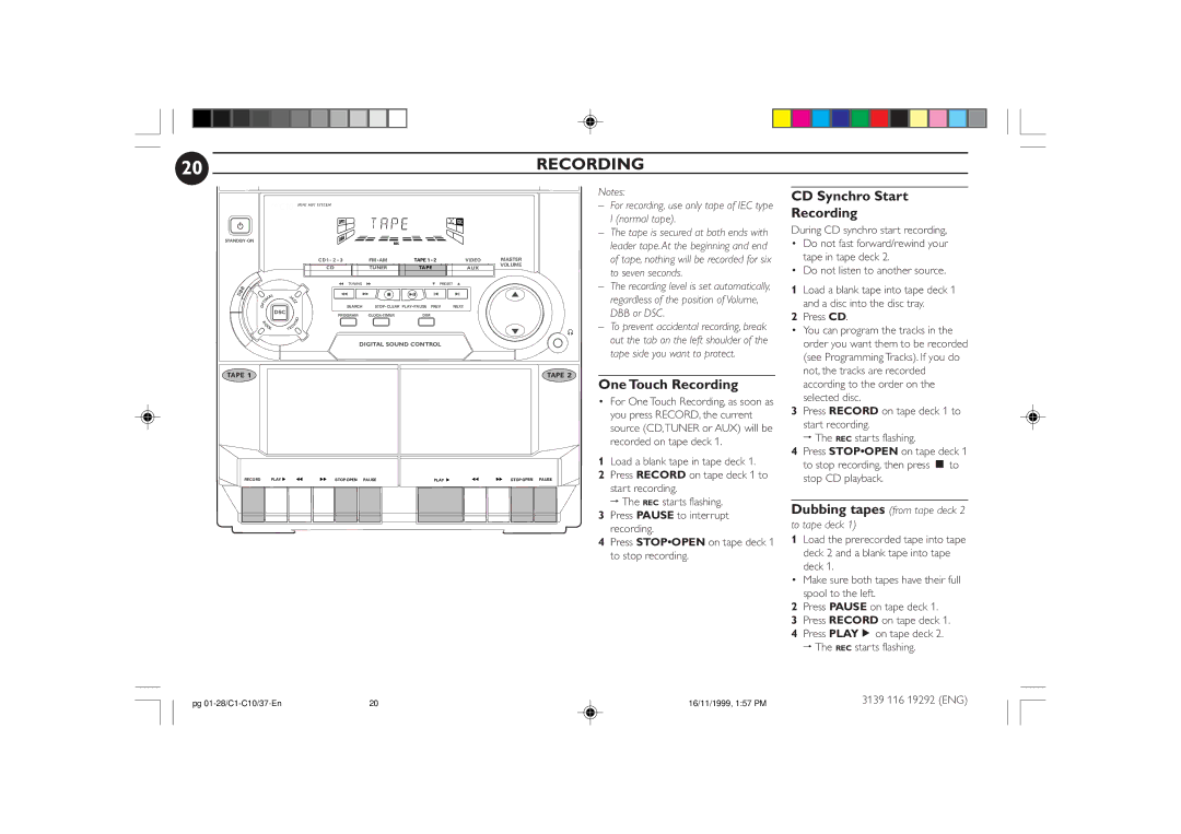 Magnavox FWC10C37 manual One Touch Recording, CD Synchro Start Recording, Dubbing tapes to tape deck 