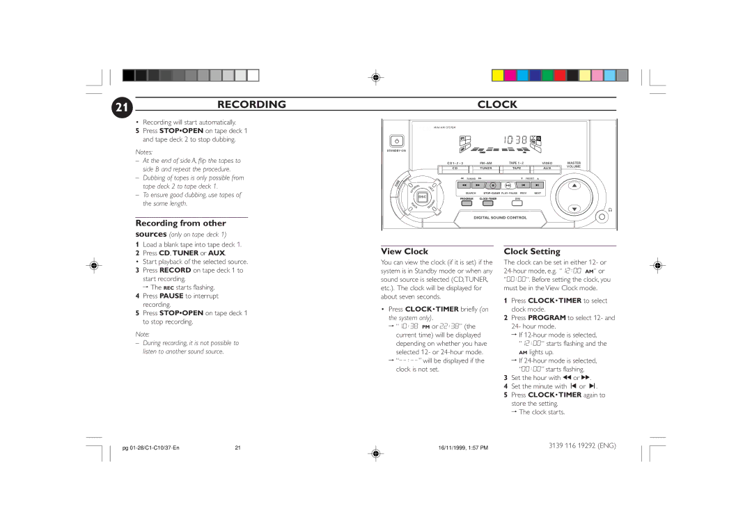 Magnavox FWC10C37 manual 21RECORDING, View Clock, Clock Setting, Press Clocktimer to select clock mode 