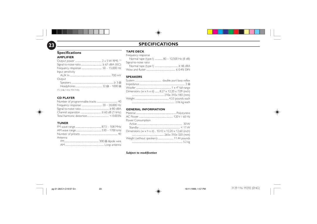 Magnavox FWC10C37 manual Specifications 