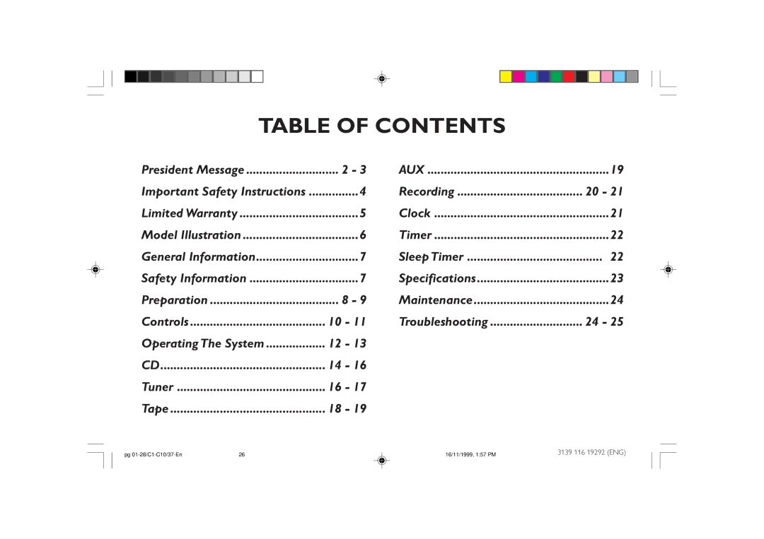 Magnavox FWC10C37 manual Table of Contents 