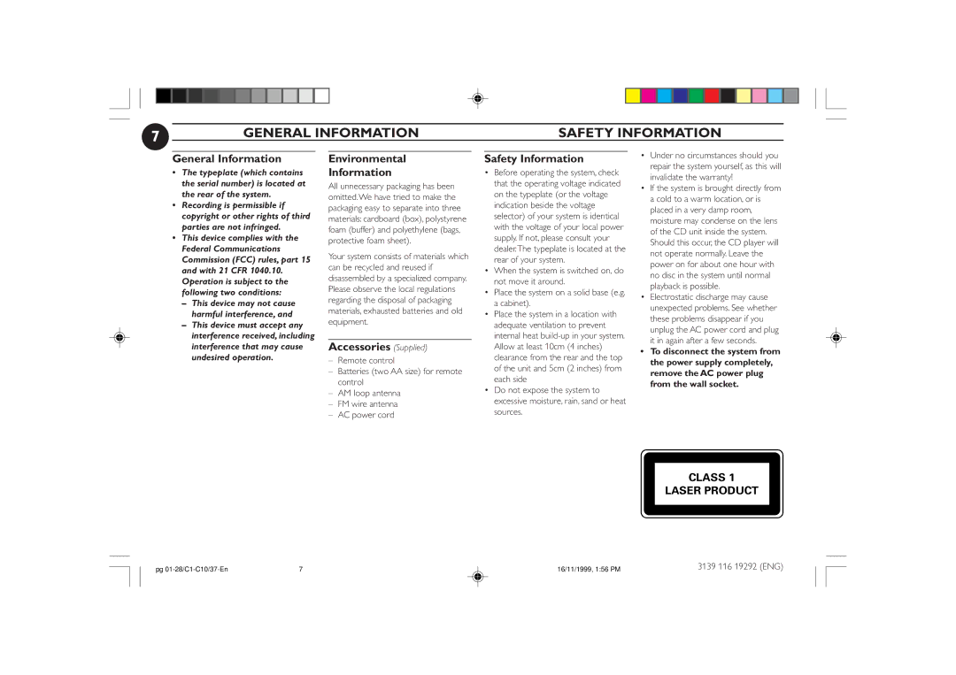 Magnavox FWC10C37 manual General Information Safety Information, Environmental Information, Accessories Supplied 