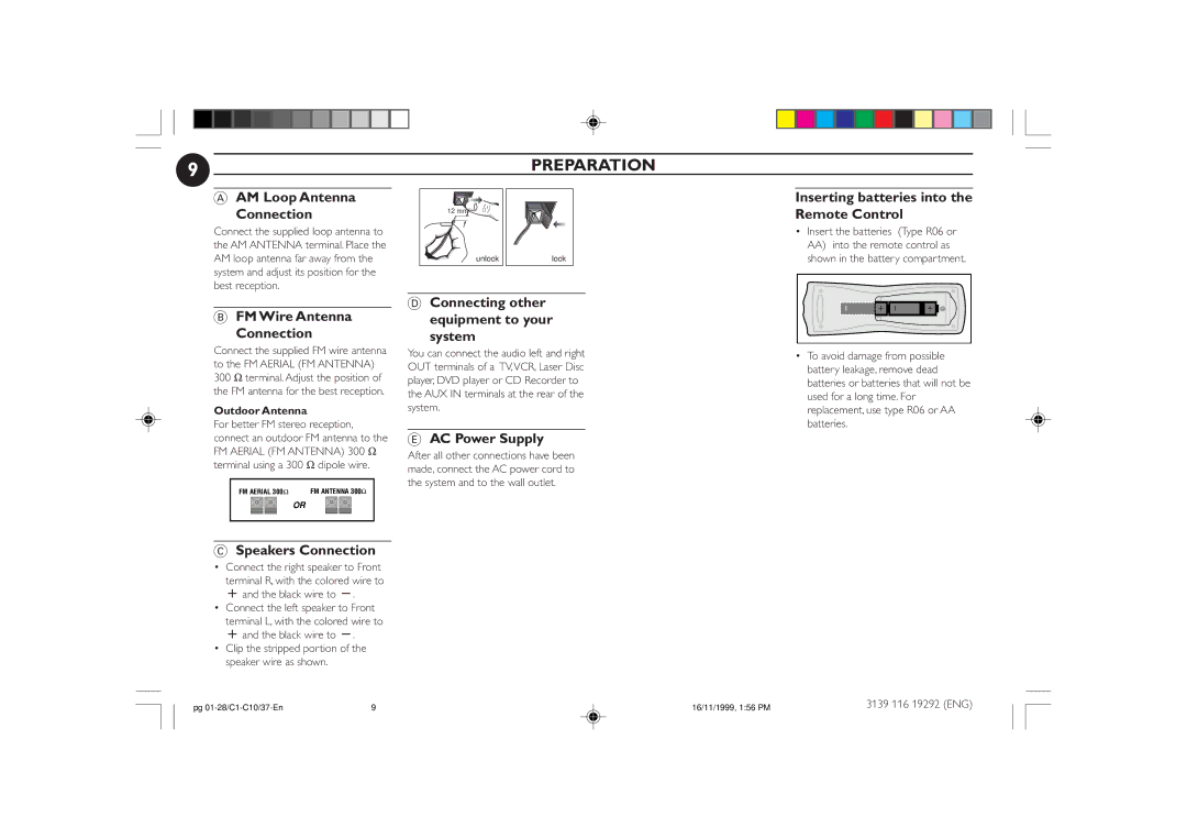 Magnavox FWC10C37 AM Loop Antenna Connection, Inserting batteries into the Remote Control, FM Wire Antenna Connection 