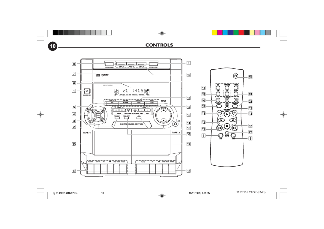 Magnavox FWC10C37 Controls, 8 7, ## $ @, pg 01-28/C1-C10/37-En, 16/11/1999, 1 56 PM, Tape, Digital Sound Control, Disc 
