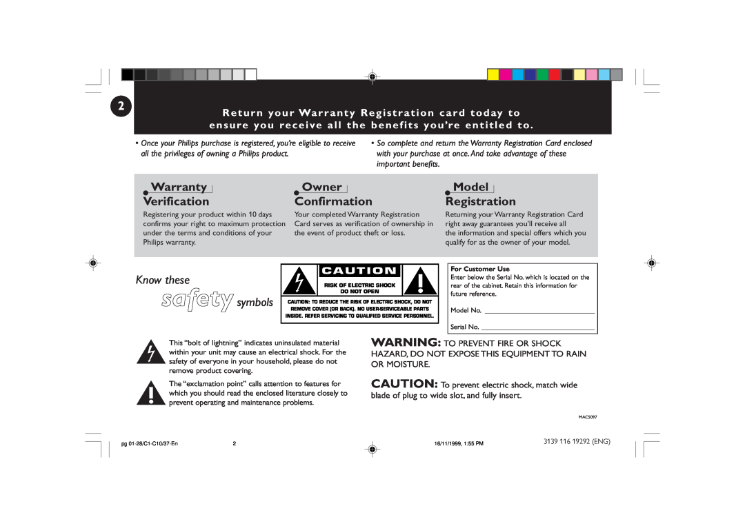 Magnavox FWC10C37 manual Warranty Verification, Owner Confirmation, Model Registration, Know these safety symbols 
