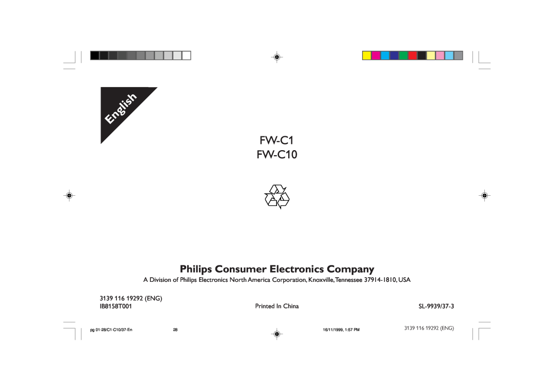 Magnavox FWC10C37 manual 3139 116 19292 ENG, IB8158T001, SL-9939/37-3, FW-C1 FW-C10, Philips Consumer Electronics Company 