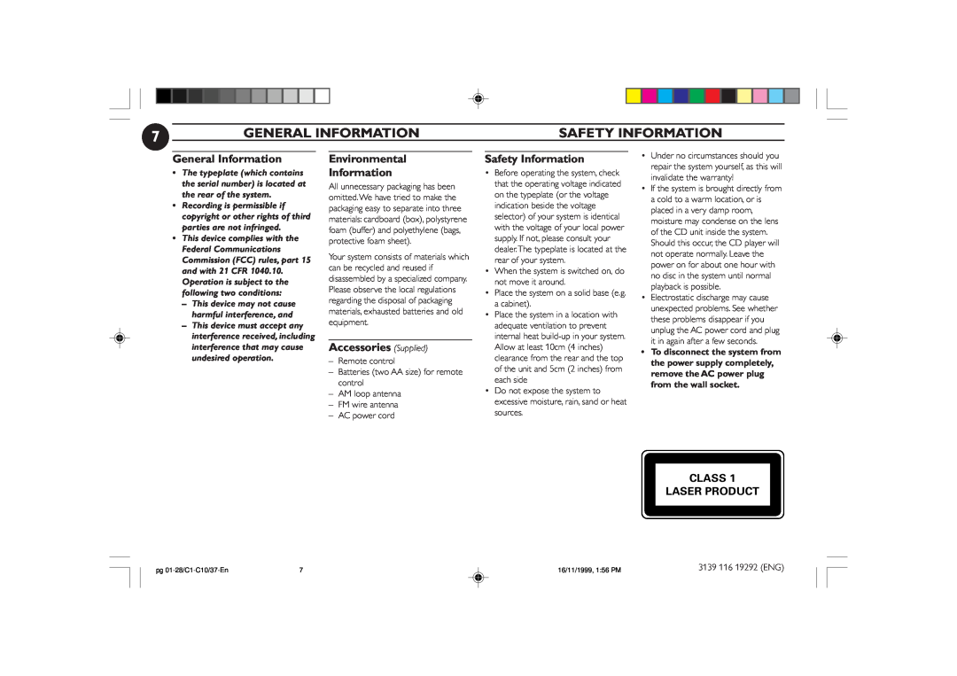 Magnavox FWC10C37 manual General Information, Safety Information, Environmental Information, Accessories Supplied 