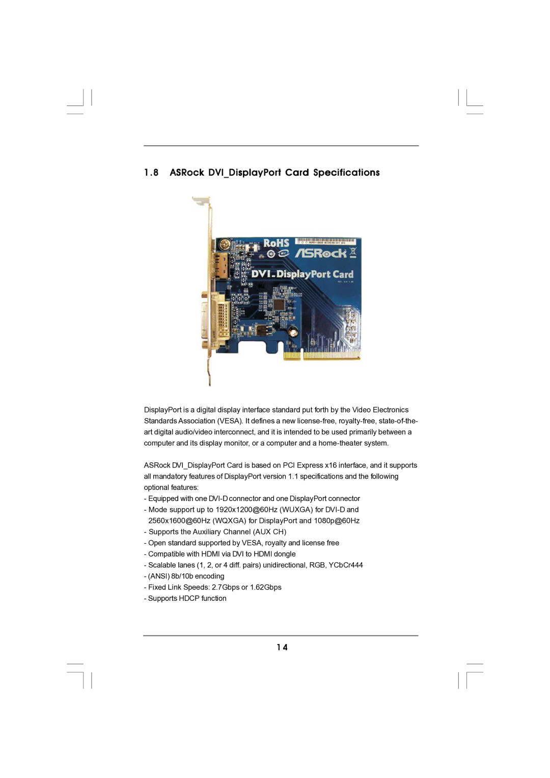 Magnavox G43TWINS-FULLHD user manual ASRock DVIDisplayPort Card Specifications 