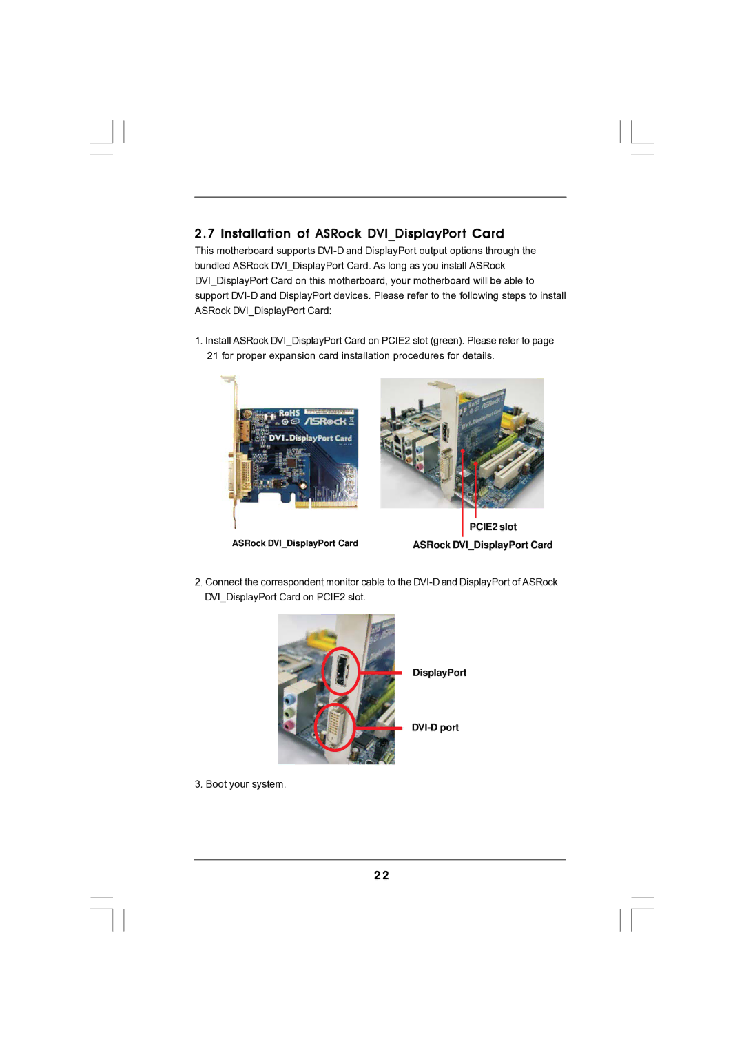 Magnavox G43TWINS-FULLHD user manual Installation of ASRock DVIDisplayPort Card, PCIE2 slot, DisplayPort DVI-D port 