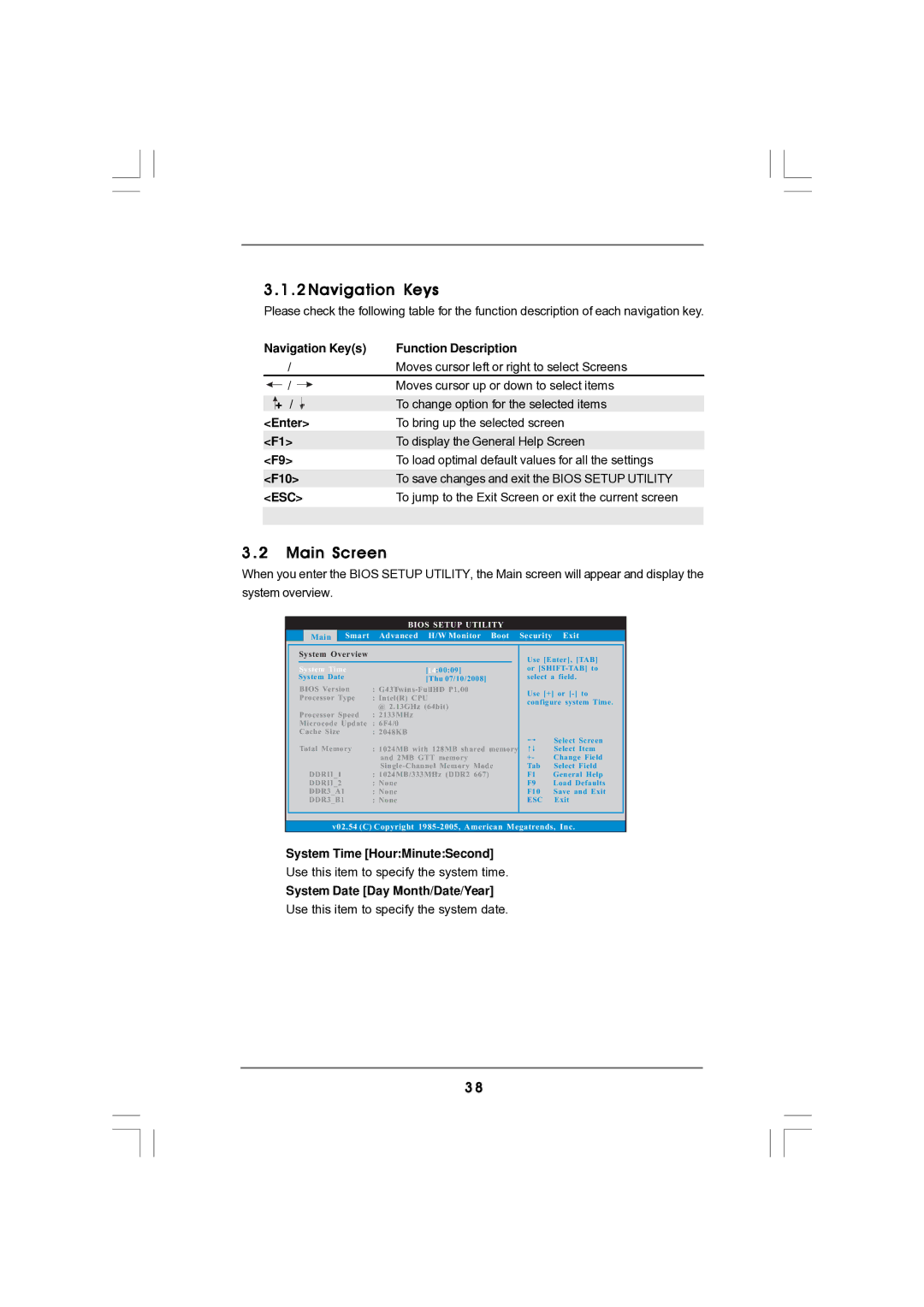 Magnavox G43TWINS-FULLHD user manual Navigation Keys, Main Screen 