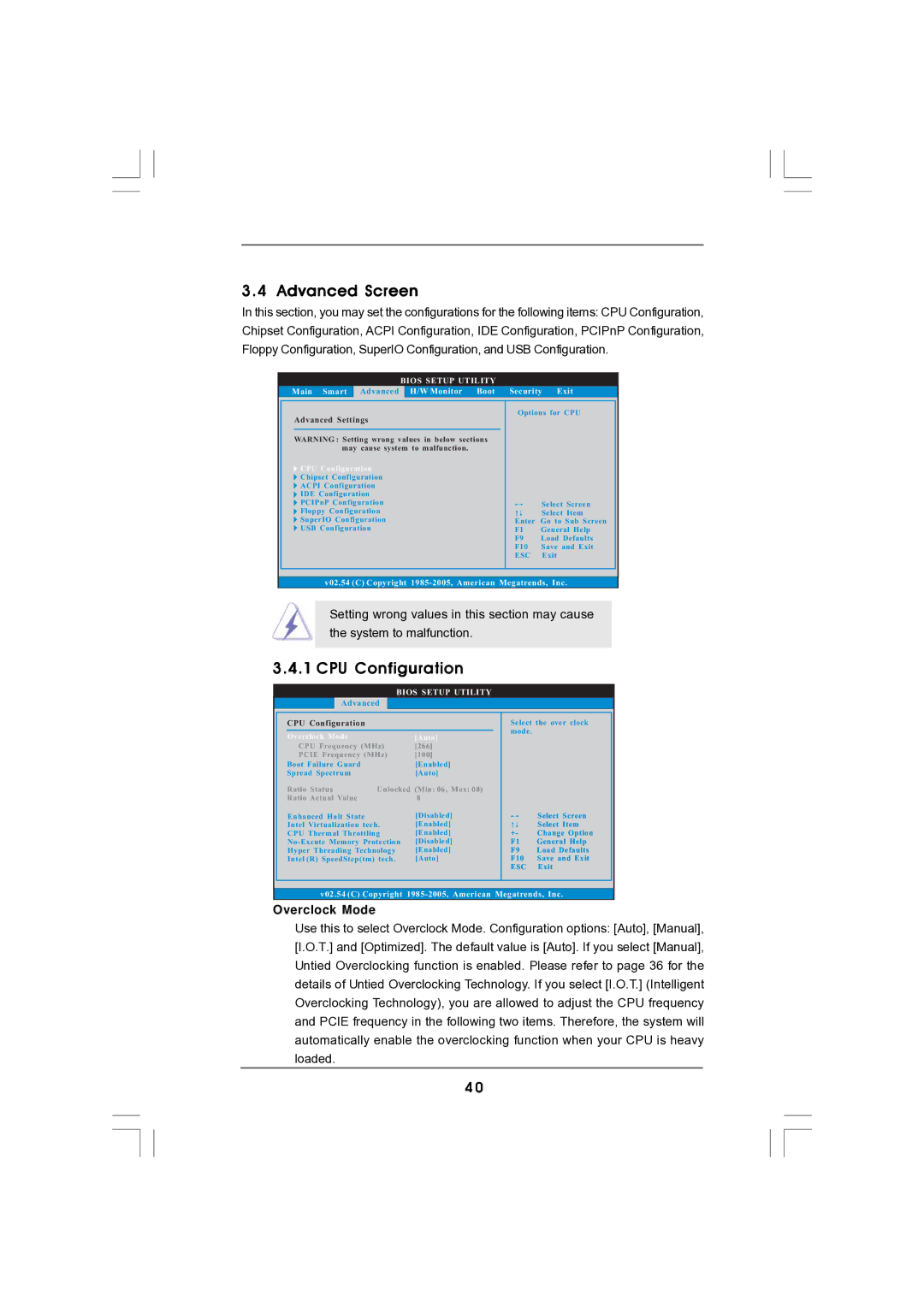 Magnavox G43TWINS-FULLHD user manual Advanced Screen, CPU Configuration, Overclock Mode Auto 