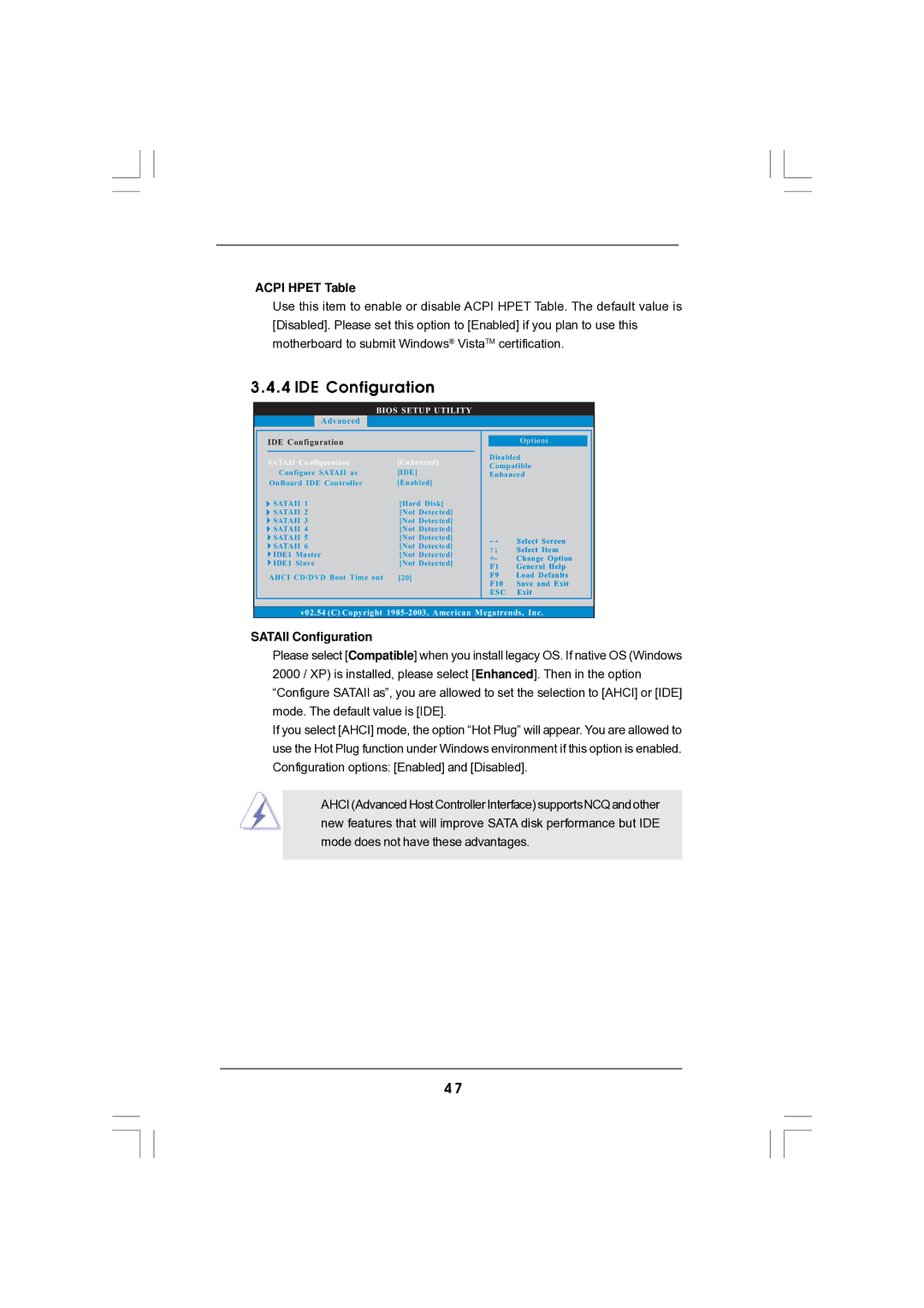 Magnavox G43TWINS-FULLHD user manual IDE Configuration, Acpi Hpet Table, Sataii Configuration Enhanced 