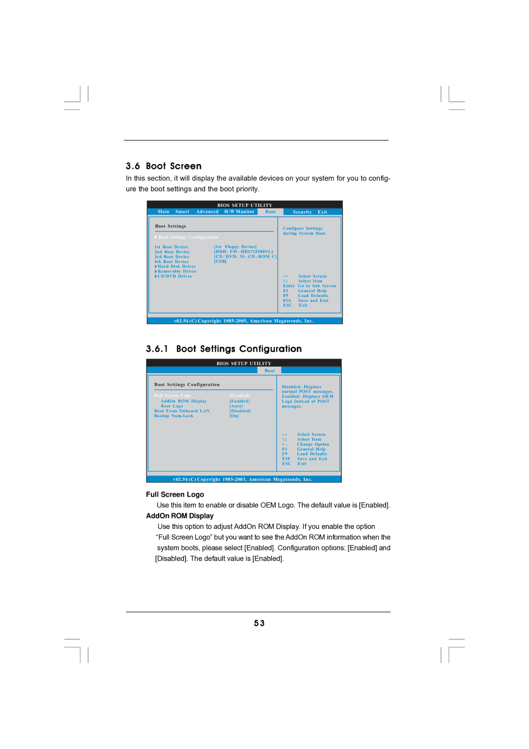 Magnavox G43TWINS-FULLHD user manual Boot Screen, Boot Settings Configuration, Full Screen Logo, AddOn ROM Display 