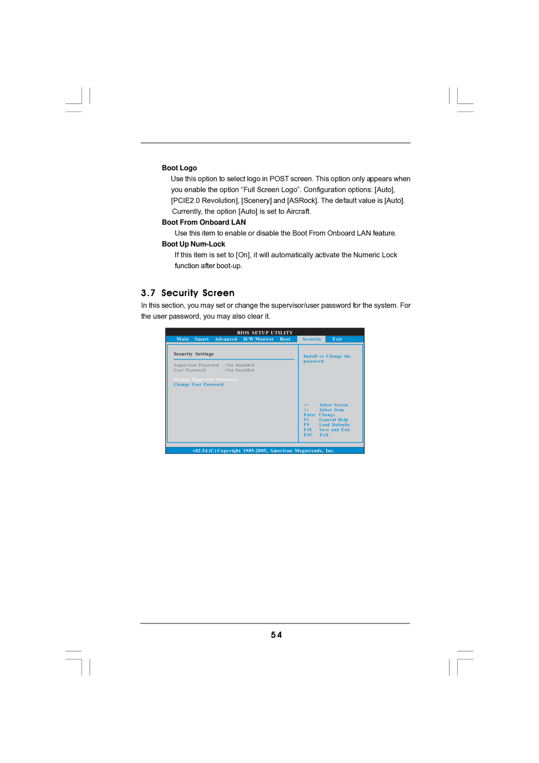 Magnavox G43TWINS-FULLHD user manual Security Screen, Boot Logo, Boot From Onboard LAN, Boot Up Num-Lock 