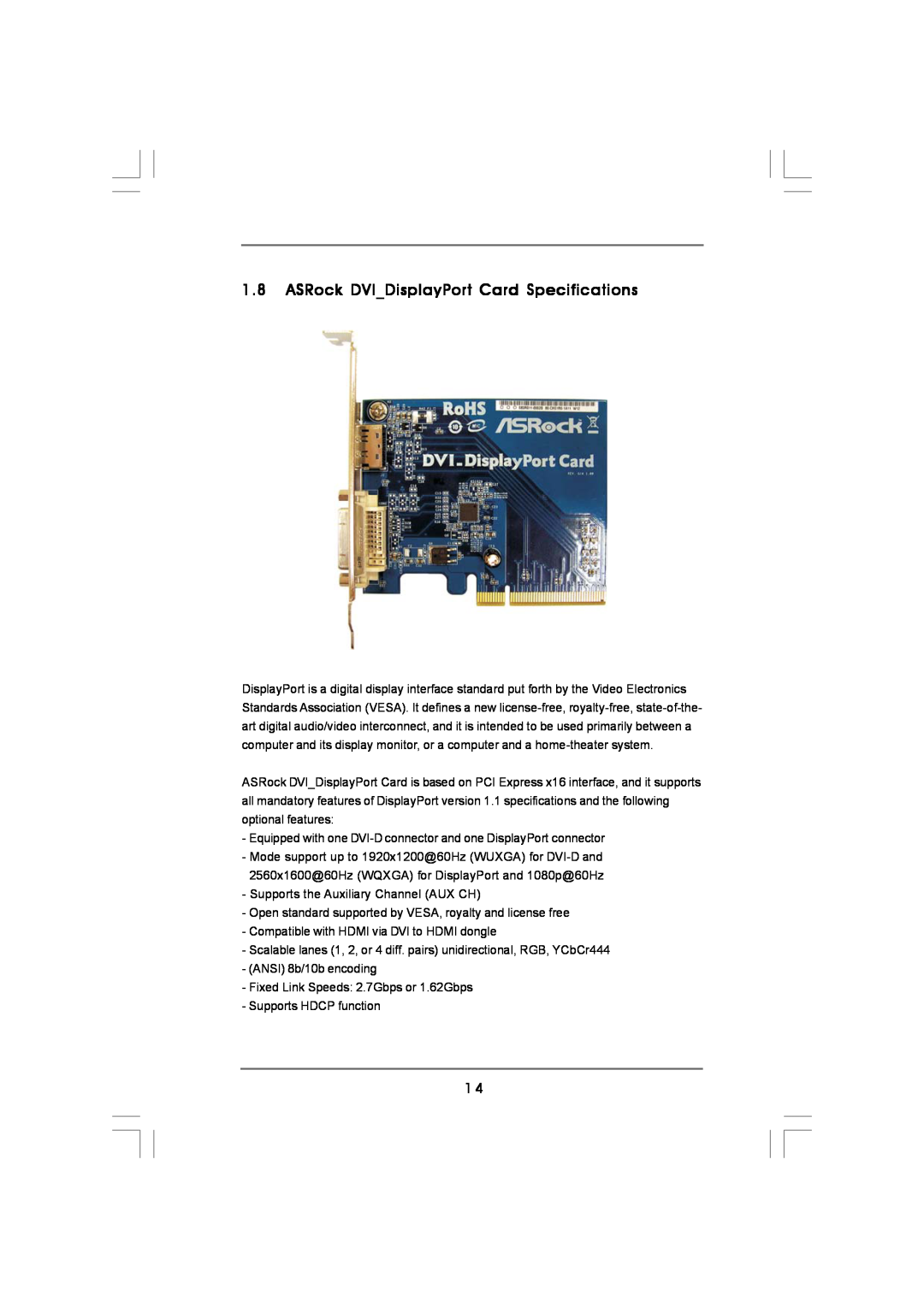 Magnavox G43TWINS-FULLHD user manual ASRock DVIDisplayPort Card Specifications 