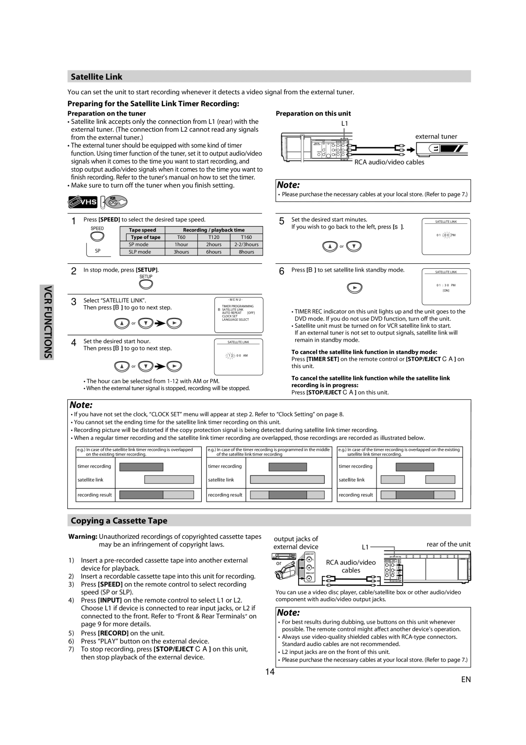 Magnavox GDV228MG9 owner manual Copying a Cassette Tape, Preparing for the Satellite Link Timer Recording 