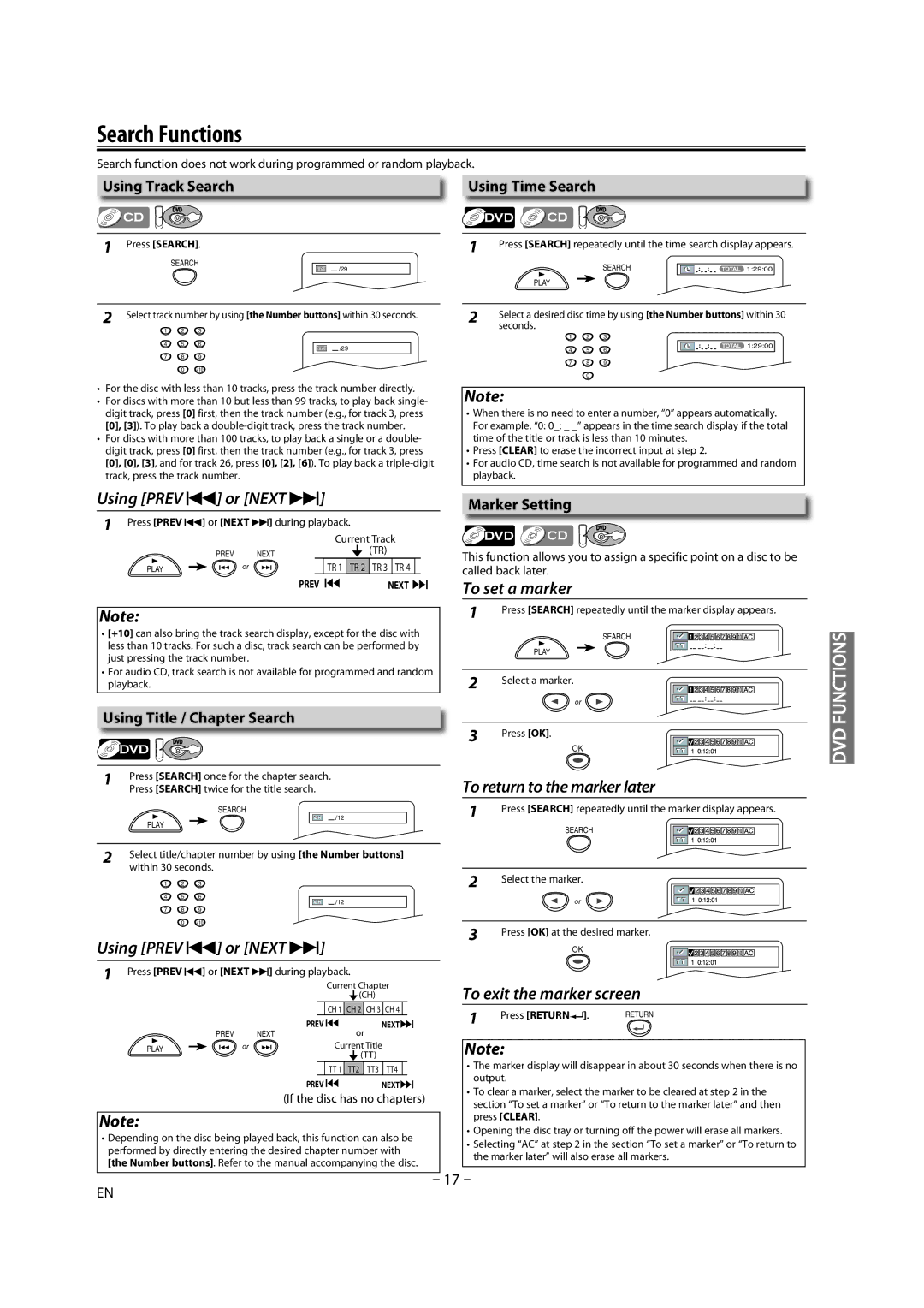 Magnavox GDV228MG9 Search Functions, Using Track Search Using Time Search, Using Title / Chapter Search, Marker Setting 