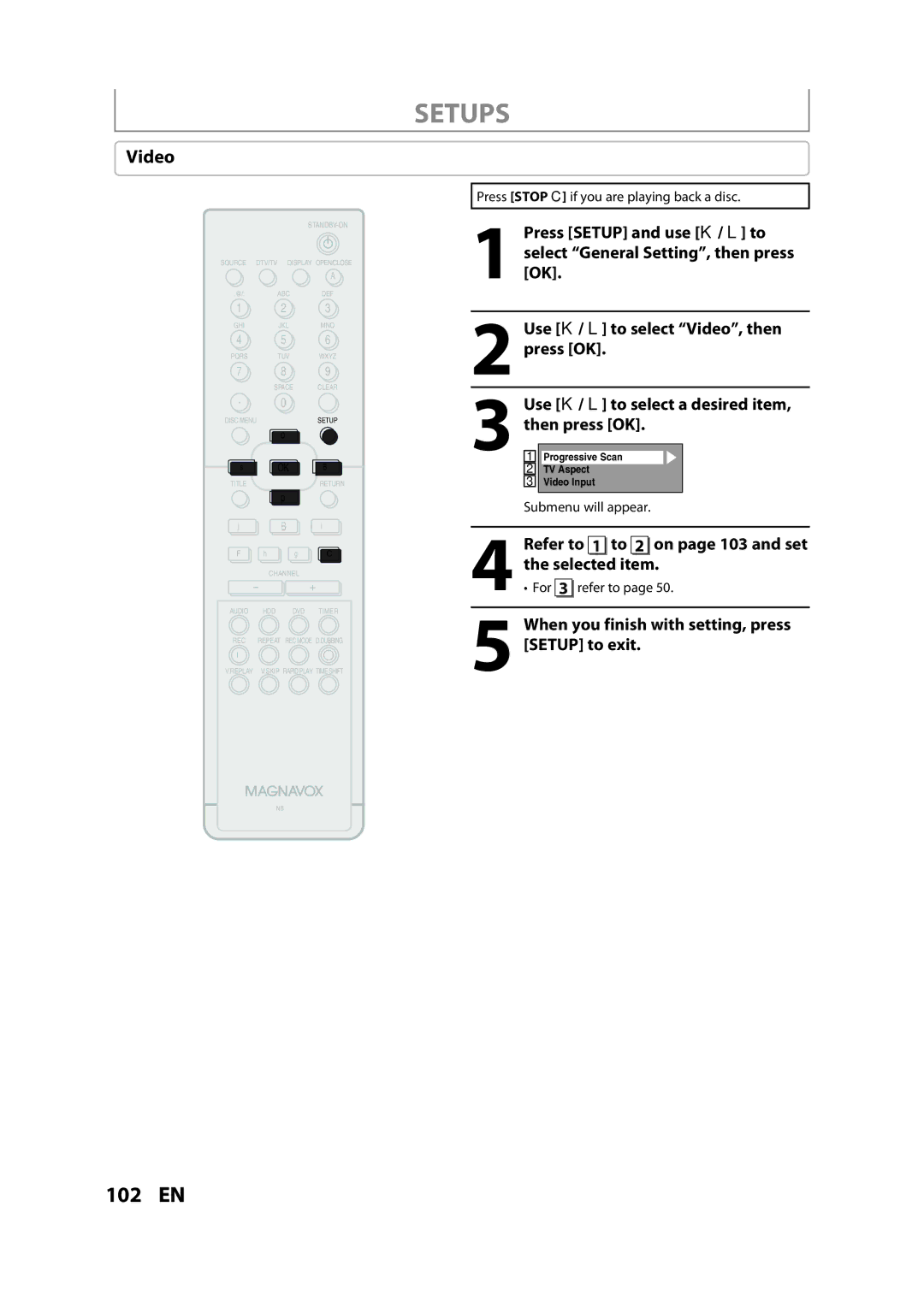 Magnavox H2080MW8 owner manual Video, Refer to 1 to 2 on page 103 and set the selected item, For 3 refer to 