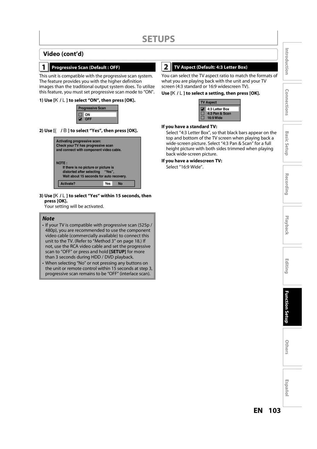 Magnavox H2080MW8 owner manual Video cont’d, Progressive Scan Default OFF, TV Aspect Default 43 Letter Box 