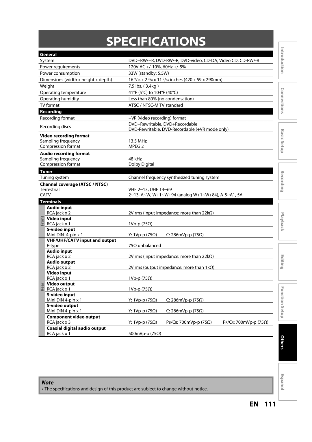 Magnavox H2080MW8 owner manual Specifications, General, Recording, Tuner, Terminals 