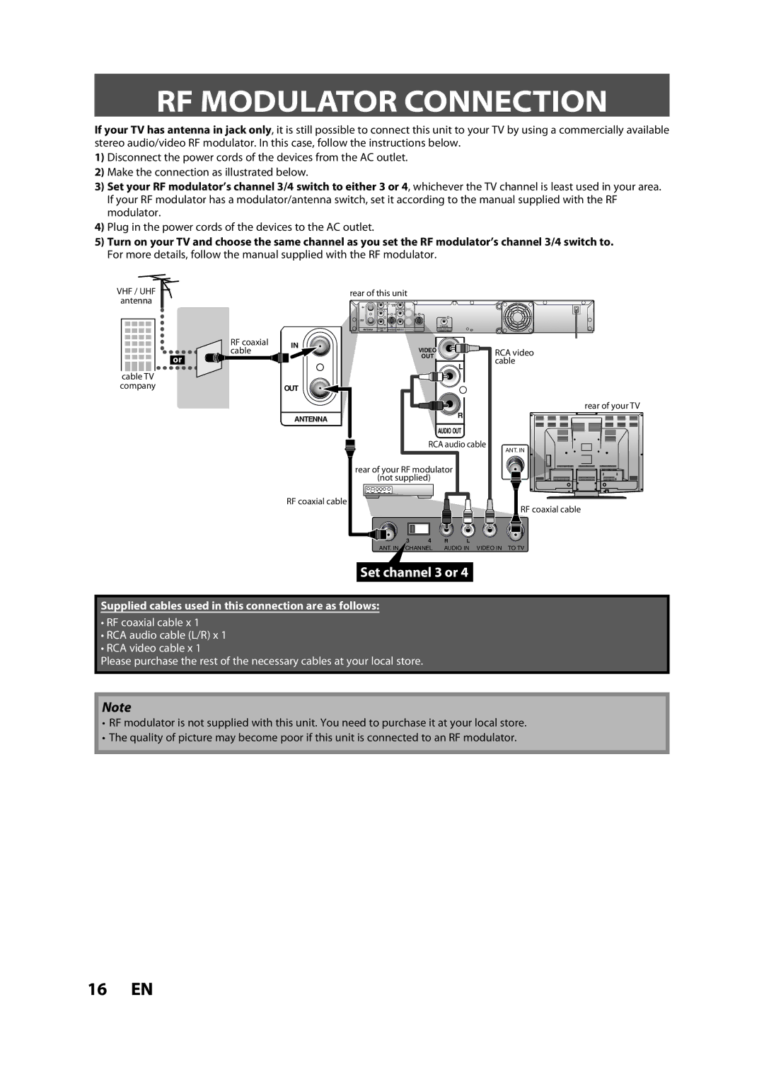 Magnavox H2080MW8 owner manual RF Modulator Connection, Plug in the power cords of the devices to the AC outlet 