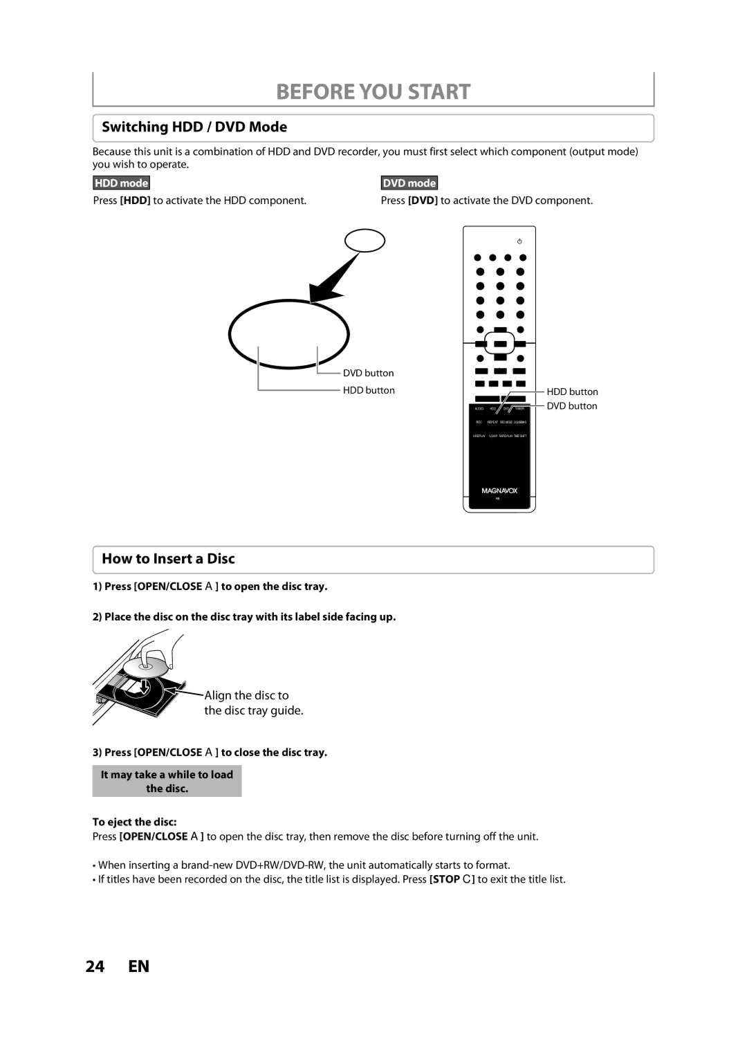 Magnavox H2080MW8 owner manual Switching HDD / DVD Mode, How to Insert a Disc, HDD mode, DVD mode 