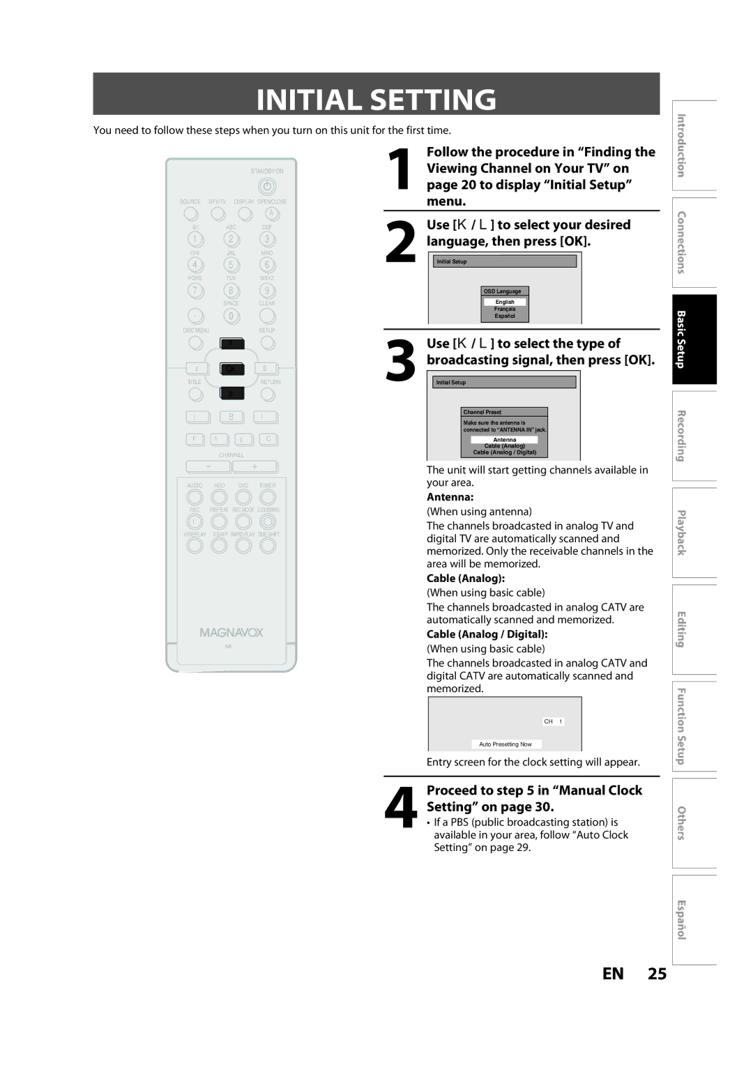 Magnavox H2080MW8 owner manual Initial Setting, Proceed to in Manual Clock Setting on, Antenna, Cable Analog / Digital 