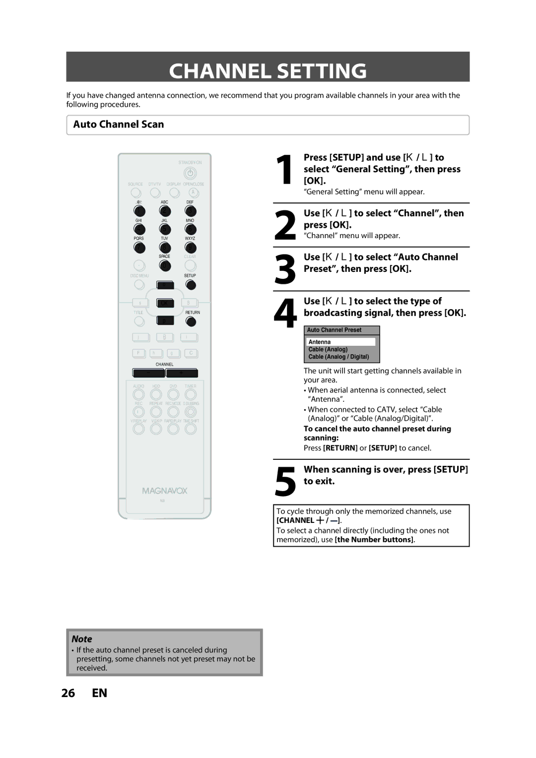 Magnavox H2080MW8 owner manual Channel Setting, Auto Channel Scan, Use K / L to select Auto Channel Preset, then press OK 