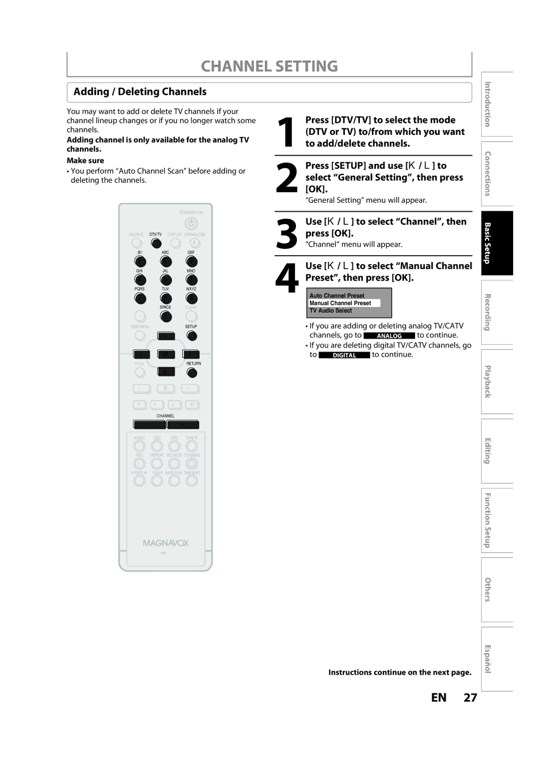 Magnavox H2080MW8 owner manual Channel Setting, Adding / Deleting Channels, Use K / L to select Channel, then press OK 