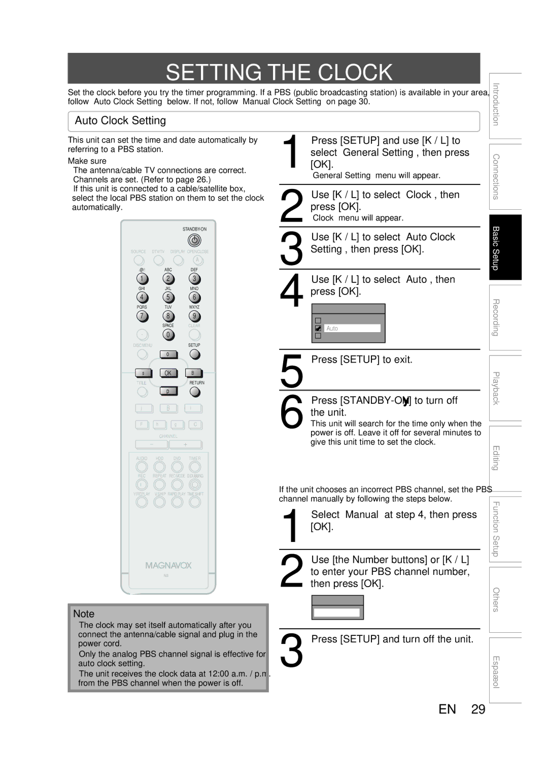 Magnavox H2080MW8 owner manual Setting the Clock, Auto Clock Setting, Setting, then press OK, Press OK 