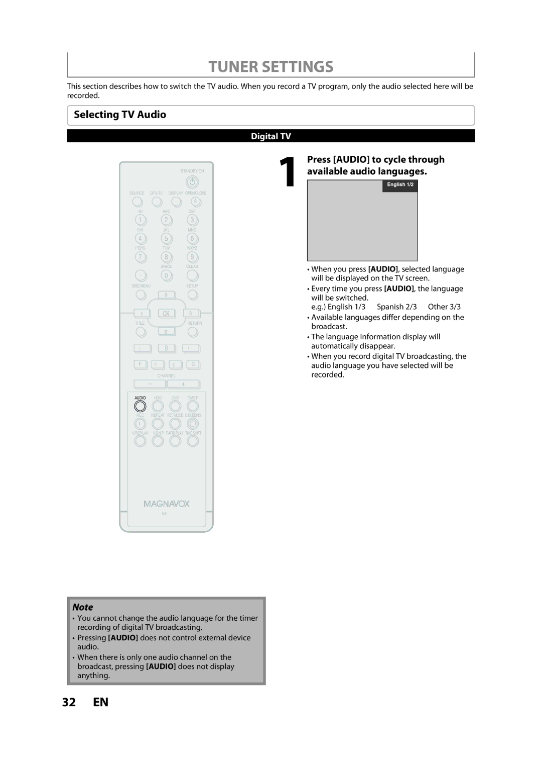 Magnavox H2080MW8 owner manual Tuner Settings, Selecting TV Audio, Press Audio to cycle through available audio languages 