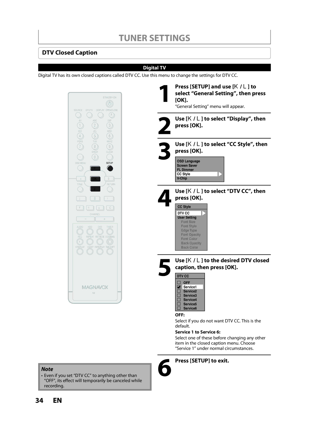 Magnavox H2080MW8 owner manual DTV Closed Caption, Use K / L to select DTV CC, then press OK, Service 1 to Service 